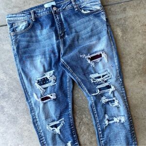 Lifted Anchors distressed patched repaired designer denim jeans tapered 40